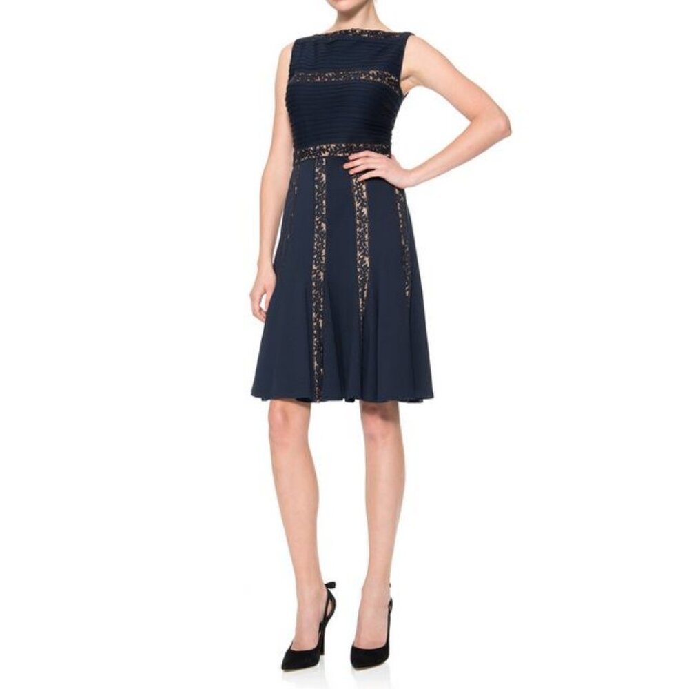 Tadashi Shoji Pintuck Jersey Lace Cocktail Dress Black Nude Like New Size Medium